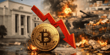 En primer plano una moneda de bitcoin y una flecha roja hacia abajo. En el fondo, edificio de la FED, imágenes de guerra en irán y billetes de dólar quemándose.