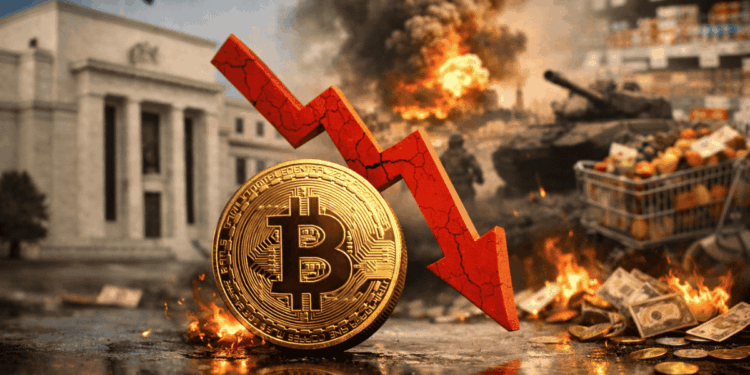 En primer plano una moneda de bitcoin y una flecha roja hacia abajo. En el fondo, edificio de la FED, imágenes de guerra en irán y billetes de dólar quemándose.