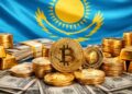 Moneda física de bitcoin y otras criptomonedas, con la bandera de Kazajistán en el fondo, dinero en efectivo y lingotes de oro alrededor.