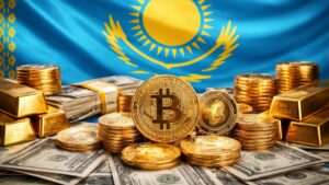 Moneda física de bitcoin y otras criptomonedas, con la bandera de Kazajistán en el fondo, dinero en efectivo y lingotes de oro alrededor.
