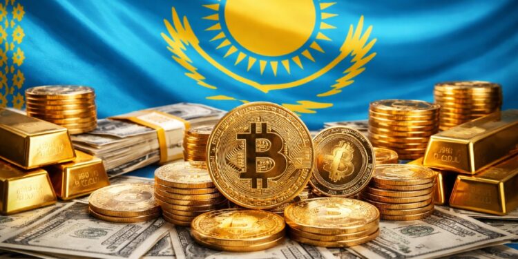 Moneda física de bitcoin y otras criptomonedas, con la bandera de Kazajistán en el fondo, dinero en efectivo y lingotes de oro alrededor.