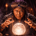 Imagen generada por inteligencia artificial donde se ve a alguien parecido a Kiyosaki poniendo sus manos sobre una bola de cristal, vestido como brujo.