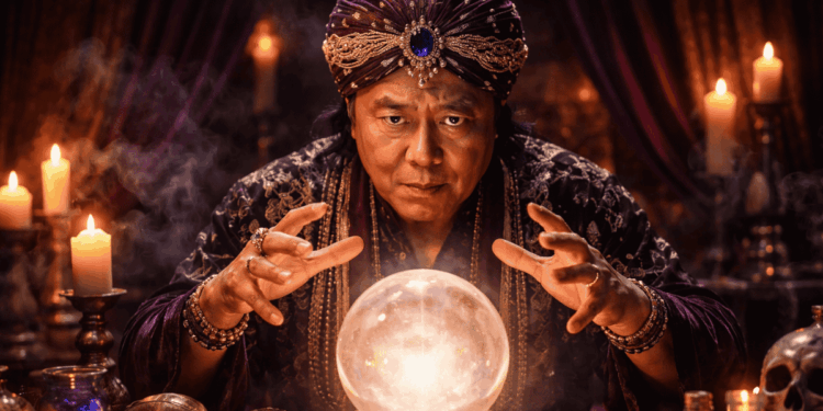 Imagen generada por inteligencia artificial donde se ve a alguien parecido a Kiyosaki poniendo sus manos sobre una bola de cristal, vestido como brujo.