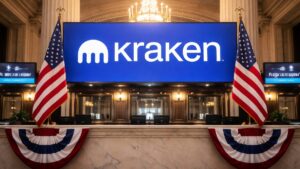 Imagen del logo del exchange Kraken en un sistema bancario con la bandera de EE. UU.