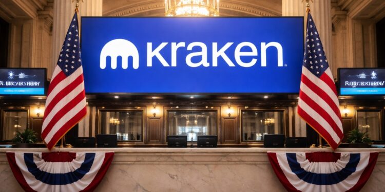 Imagen del logo del exchange Kraken en un sistema bancario con la bandera de EE. UU.