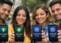 Latinoamericanos con teléfonos inteligentes que reflejan USDT y USDC.
