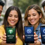 Latinoamericanos con teléfonos inteligentes que reflejan USDT y USDC.