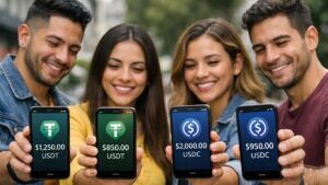Latinoamericanos con teléfonos inteligentes que reflejan USDT y USDC.