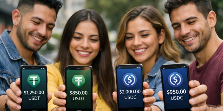 Latinoamericanos con teléfonos inteligentes que reflejan USDT y USDC.