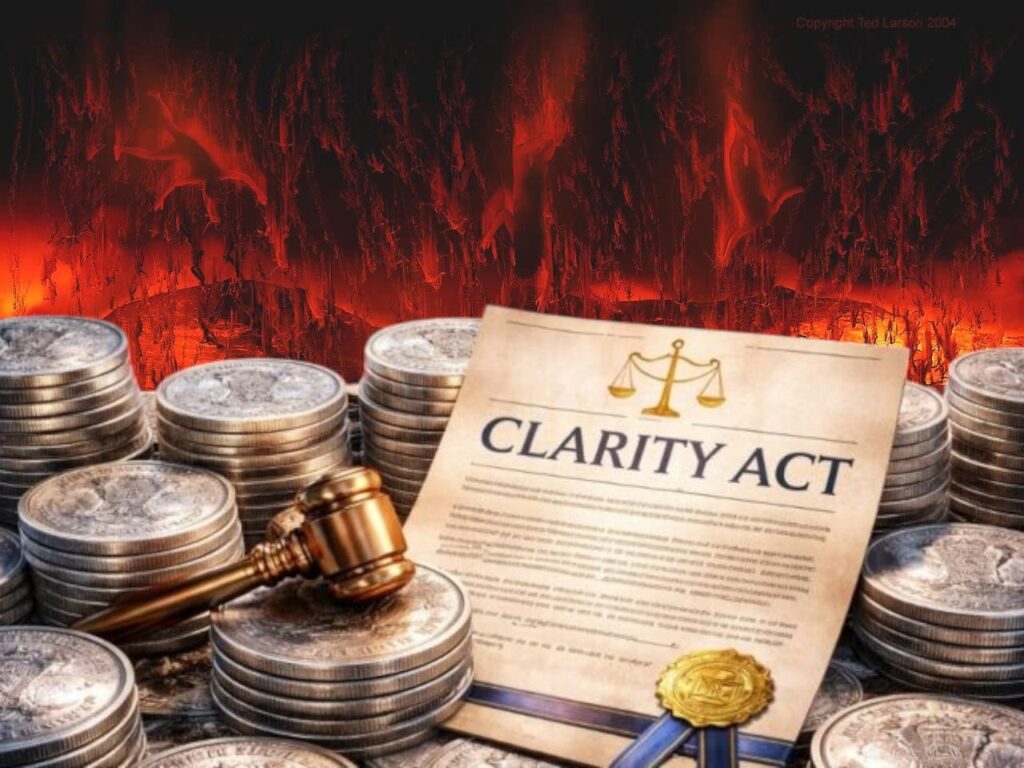 Hoja de ley clarity con criptomonedas sobre llamas