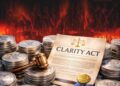 Hoja de ley clarity con criptomonedas sobre llamas