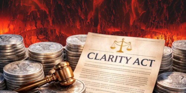 Hoja de ley clarity con criptomonedas sobre llamas