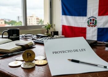 Moneda física de bitcoin y otras criptomonedas, en un escritorio con un papel que dice "Proyecto de ley", y de fondo la bandera de República Dominicana.