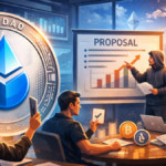 Una moneda fรญsca de Lido DAO junto a un hombre que explica una propuesta a otras personas.