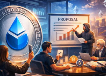 Una moneda físca de Lido DAO junto a un hombre que explica una propuesta a otras personas.