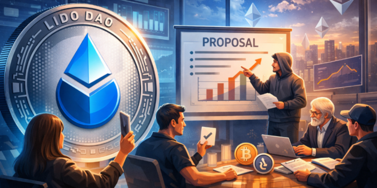 Una moneda físca de Lido DAO junto a un hombre que explica una propuesta a otras personas.