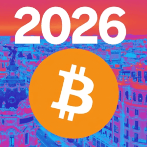 Diseño gráfico con el símbolo de Bitcoin en color naranja sobre fondo azul y morado, acompañado del texto "2026" en letras grandes