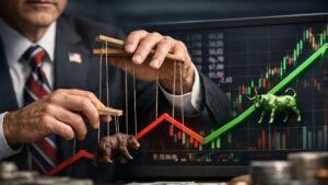 Funcionario del gobierno de EE.UU. manipulando marionetas de toro y oso sobre grรกficos bursรกtiles, simbolizando control del mercado financiero.