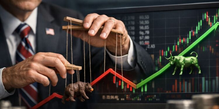 Funcionario del gobierno de EE.UU. manipulando marionetas de toro y oso sobre gráficos bursátiles, simbolizando control del mercado financiero.