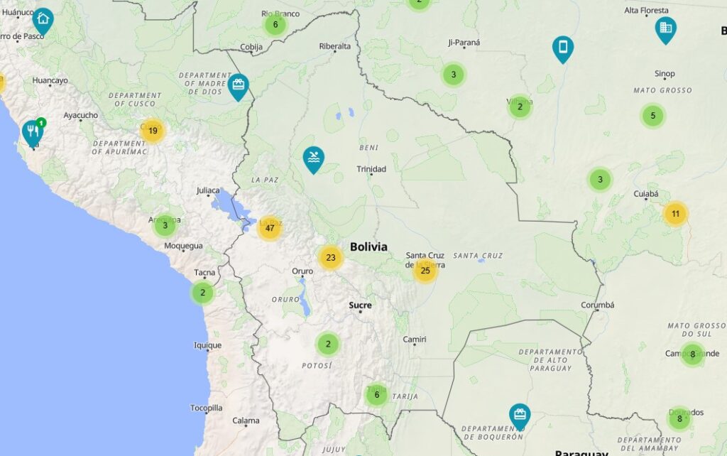 Mapa de Bolivia con puntos de adopciรณn de bitcoin.