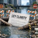 Documento que dice Ley Clarity en un río, con la ley estancada. En las riveras del río hay criptomonedas de un lado y dólares del otro. El río está en un ambiente bancario, empresarial.