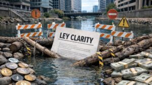 Documento que dice Ley Clarity en un río, con la ley estancada. En las riveras del río hay criptomonedas de un lado y dólares del otro. El río está en un ambiente bancario, empresarial.