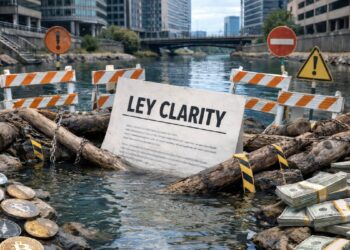 Documento que dice Ley Clarity en un río, con la ley estancada. En las riveras del río hay criptomonedas de un lado y dólares del otro. El río está en un ambiente bancario, empresarial.