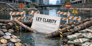 Documento que dice Ley Clarity en un río, con la ley estancada. En las riveras del río hay criptomonedas de un lado y dólares del otro. El río está en un ambiente bancario, empresarial.