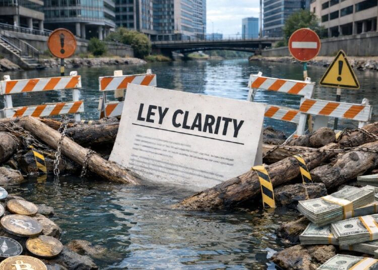 Documento que dice Ley Clarity en un río, con la ley estancada. En las riveras del río hay criptomonedas de un lado y dólares del otro. El río está en un ambiente bancario, empresarial.