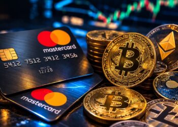 Imagen de tarjetas MASTERCARD junto a varias criptomonedas.