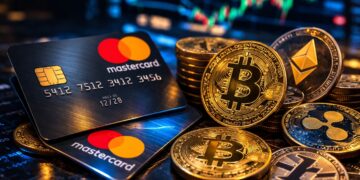 Imagen de tarjetas MASTERCARD junto a varias criptomonedas.
