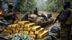 Lingotes de oro en la Amazonía, con monedas de USDT y contrabandistas.