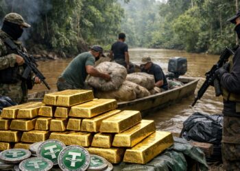 Lingotes de oro en la Amazonía, con monedas de USDT y contrabandistas.