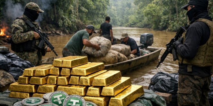Lingotes de oro en la Amazonía, con monedas de USDT y contrabandistas.