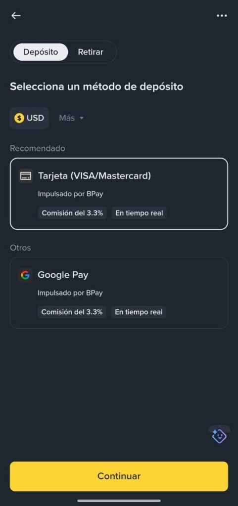 Captura de pantalla de la interfaz de Binance.