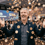 Michael Saylor en un escenario, abajo de una lluvia de bitcoin (imagen generada con inteligencia artificial).