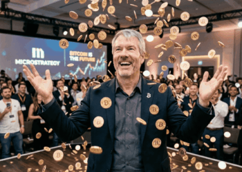 Michael Saylor en un escenario, abajo de una lluvia de bitcoin (imagen generada con inteligencia artificial).