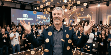 Michael Saylor en un escenario, abajo de una lluvia de bitcoin (imagen generada con inteligencia artificial).