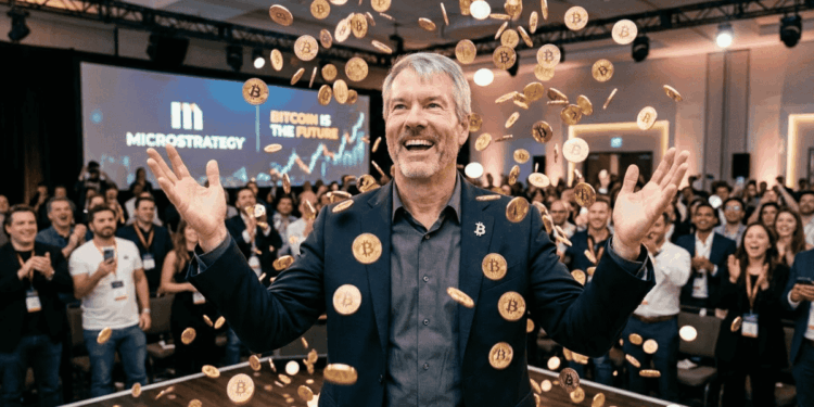 Michael Saylor en un escenario, abajo de una lluvia de bitcoin (imagen generada con inteligencia artificial).