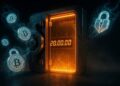 Una bรณveda digital gigante con la puerta entreabierta. Dentro se ve un contador luminoso marcando exactamente โ20.000.000โ. Desde la oscuridad exterior entran flotando, como fantasmas translรบcidos, monedas Bitcoin โperdidasโ (con candados rotos y partรญculas cuรกnticas azules).