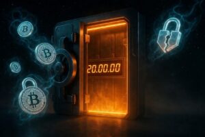 Una bóveda digital gigante con la puerta entreabierta. Dentro se ve un contador luminoso marcando exactamente “20.000.000”. Desde la oscuridad exterior entran flotando, como fantasmas translúcidos, monedas Bitcoin “perdidas” (con candados rotos y partículas cuánticas azules).