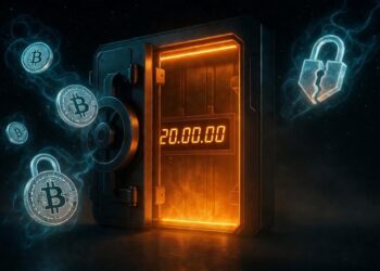 Una bóveda digital gigante con la puerta entreabierta. Dentro se ve un contador luminoso marcando exactamente “20.000.000”. Desde la oscuridad exterior entran flotando, como fantasmas translúcidos, monedas Bitcoin “perdidas” (con candados rotos y partículas cuánticas azules).
