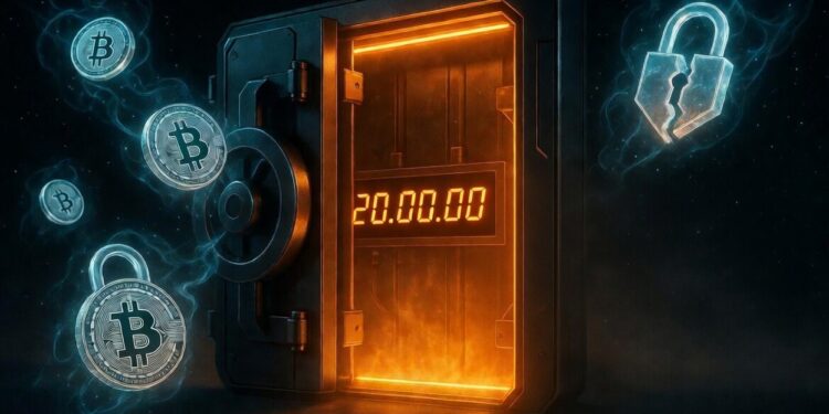 Una bóveda digital gigante con la puerta entreabierta. Dentro se ve un contador luminoso marcando exactamente “20.000.000”. Desde la oscuridad exterior entran flotando, como fantasmas translúcidos, monedas Bitcoin “perdidas” (con candados rotos y partículas cuánticas azules).