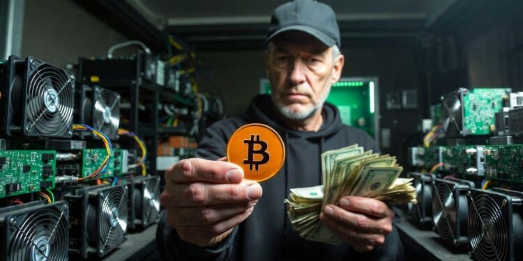 Minero de Bitcoin vendiendo moneda física de BTC por un fajo de billetes en efectivo.