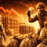 Mineros de Bitcoin juntando monedas en sacos dentro de una cueva.