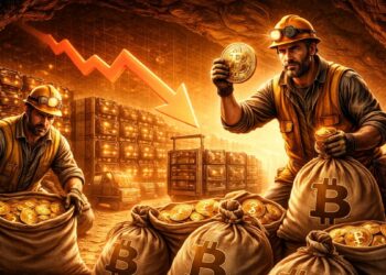 Mineros de Bitcoin juntando monedas en sacos dentro de una cueva.