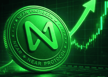 Una moneda física de Near Protocol con un gráfico de precio de color verde.