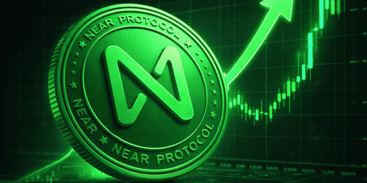 Una moneda física de Near Protocol con un gráfico de precio de color verde.