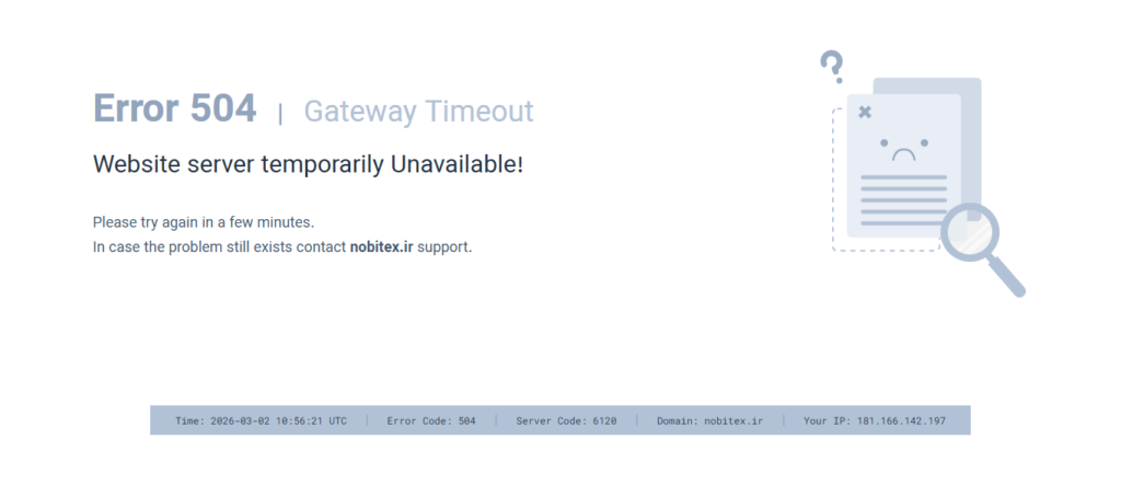 Sitio web oficial del exchange de criptomonedas iraní Nobitex.ir, con el acceso imposibilitado.