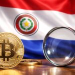 Imagen de Bitcoin, la bandera de Paraguay y una lupa como de vigilancia.